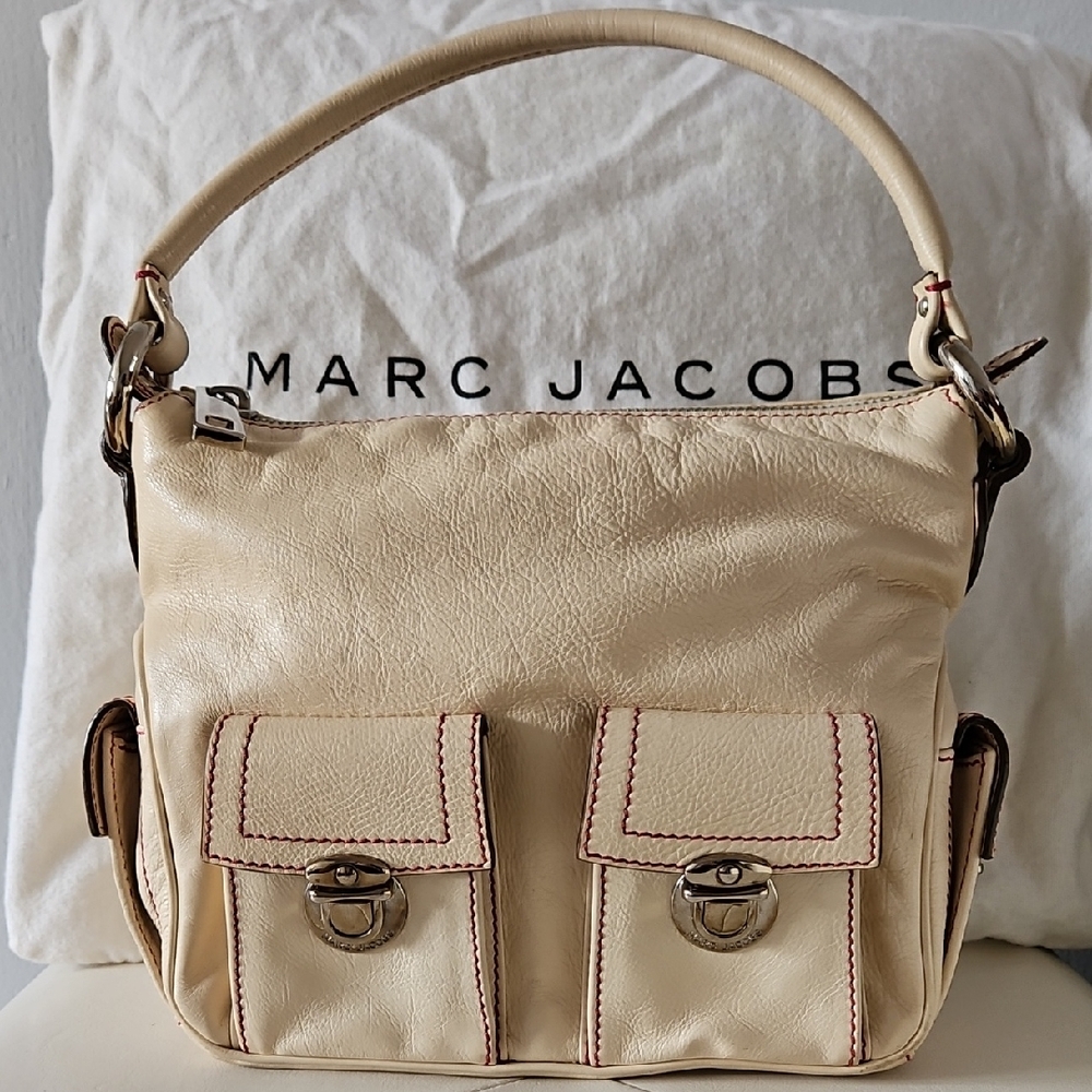 Marc Jacobs Beige Leather Shoulder Bag with Front Pockets